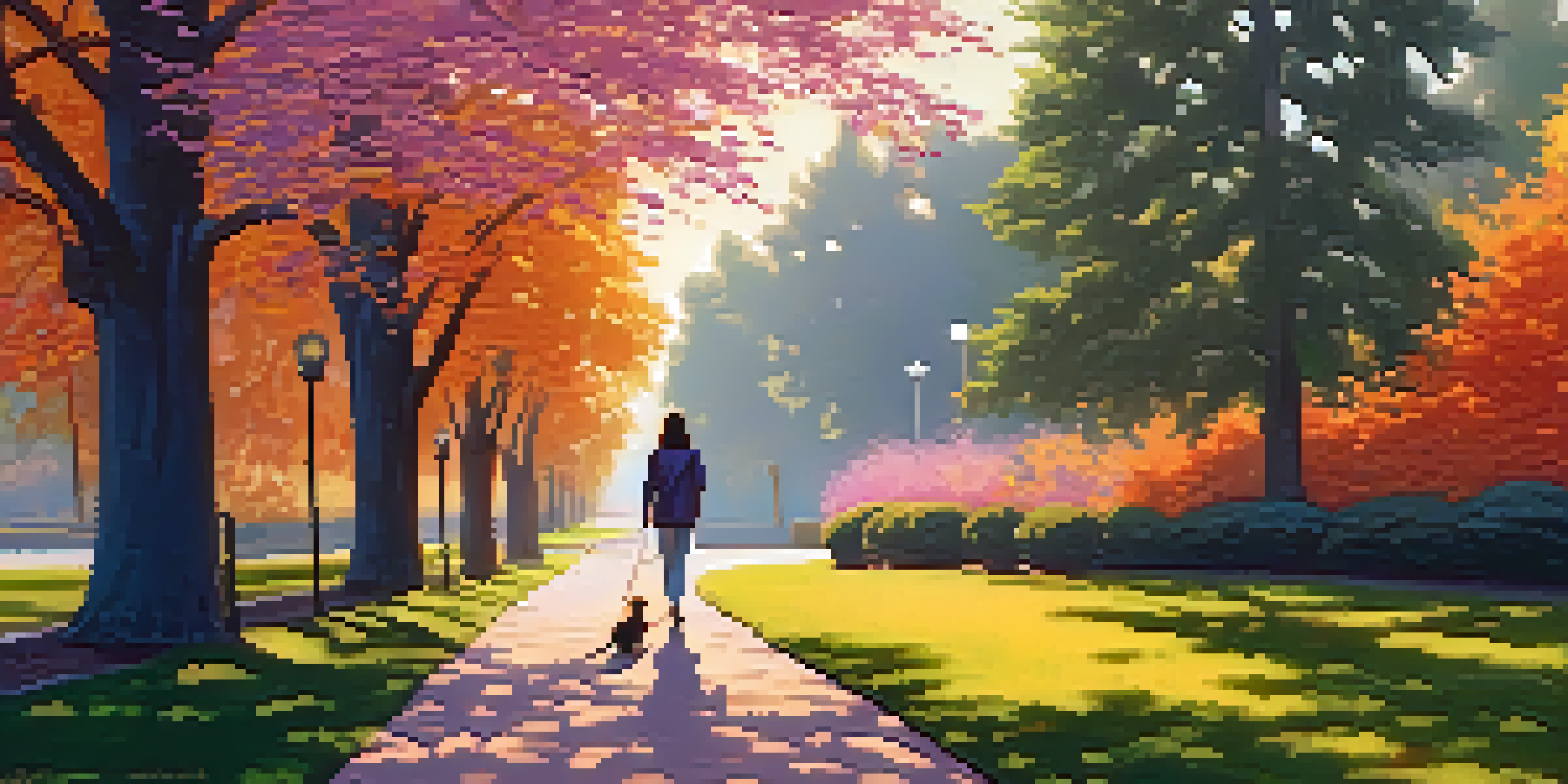 A peaceful park with tall trees and colorful flowers during sunset, featuring a person walking their dog along a winding path.