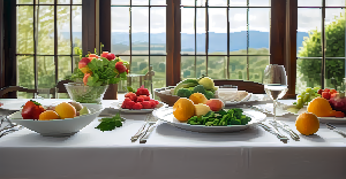 A dining table set with colorful fruits and vegetables, emphasizing a mindful eating experience.