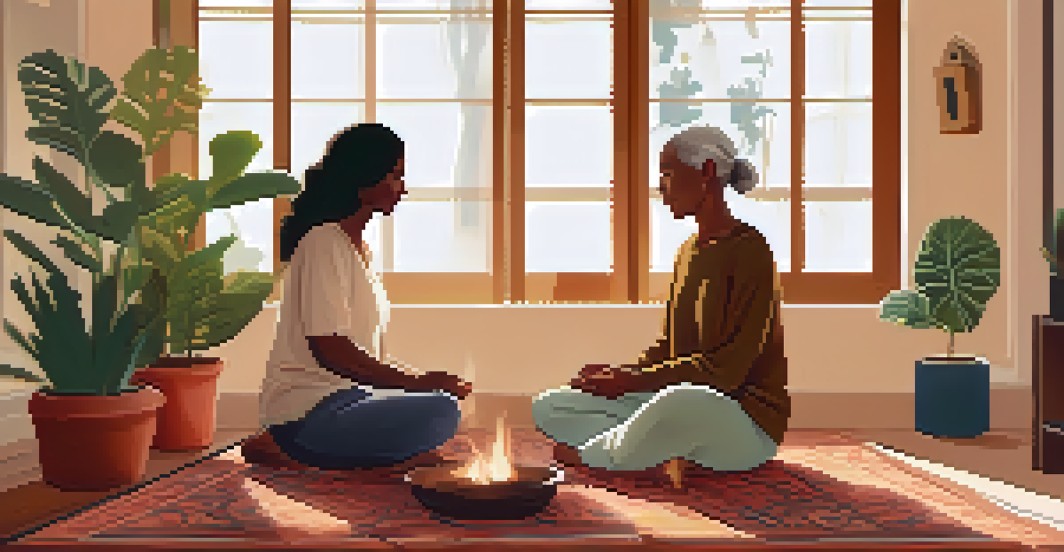 A caregiver and care recipient practicing mindfulness in a warm, inviting living room filled with plants and soft light.
