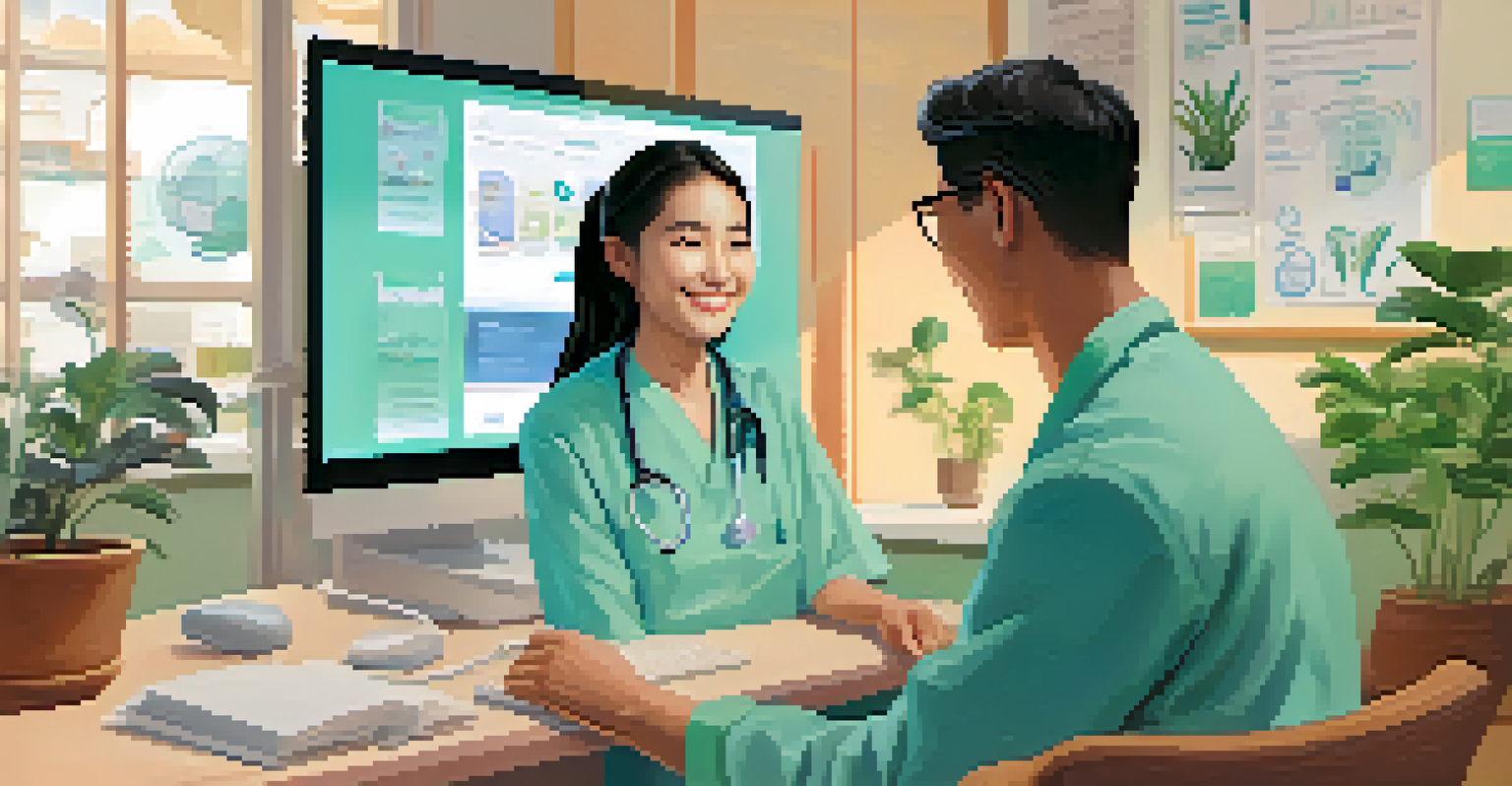 A doctor and patient communicating through a digital patient portal on a computer screen in a cozy clinic.