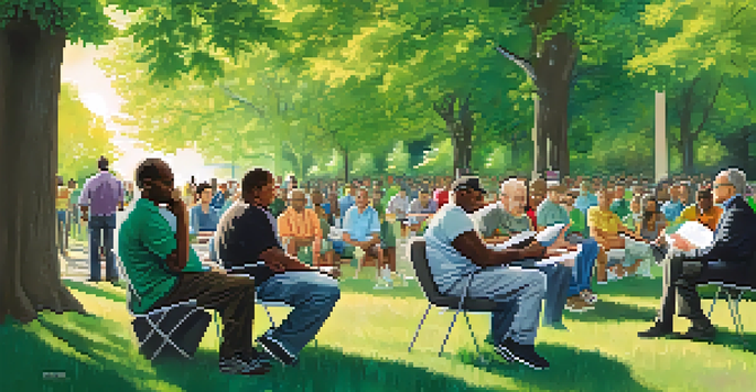 A diverse group of men in a park discussing health awareness with a banner that reads 'Men's Health Matters'.