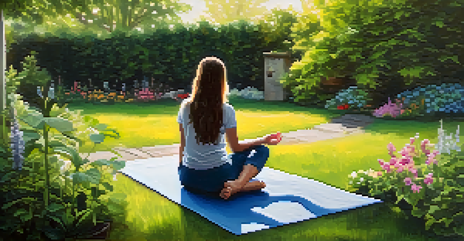 A person meditating outdoors among flowers, inhaling essential oils, in a serene garden setting with soft sunlight.
