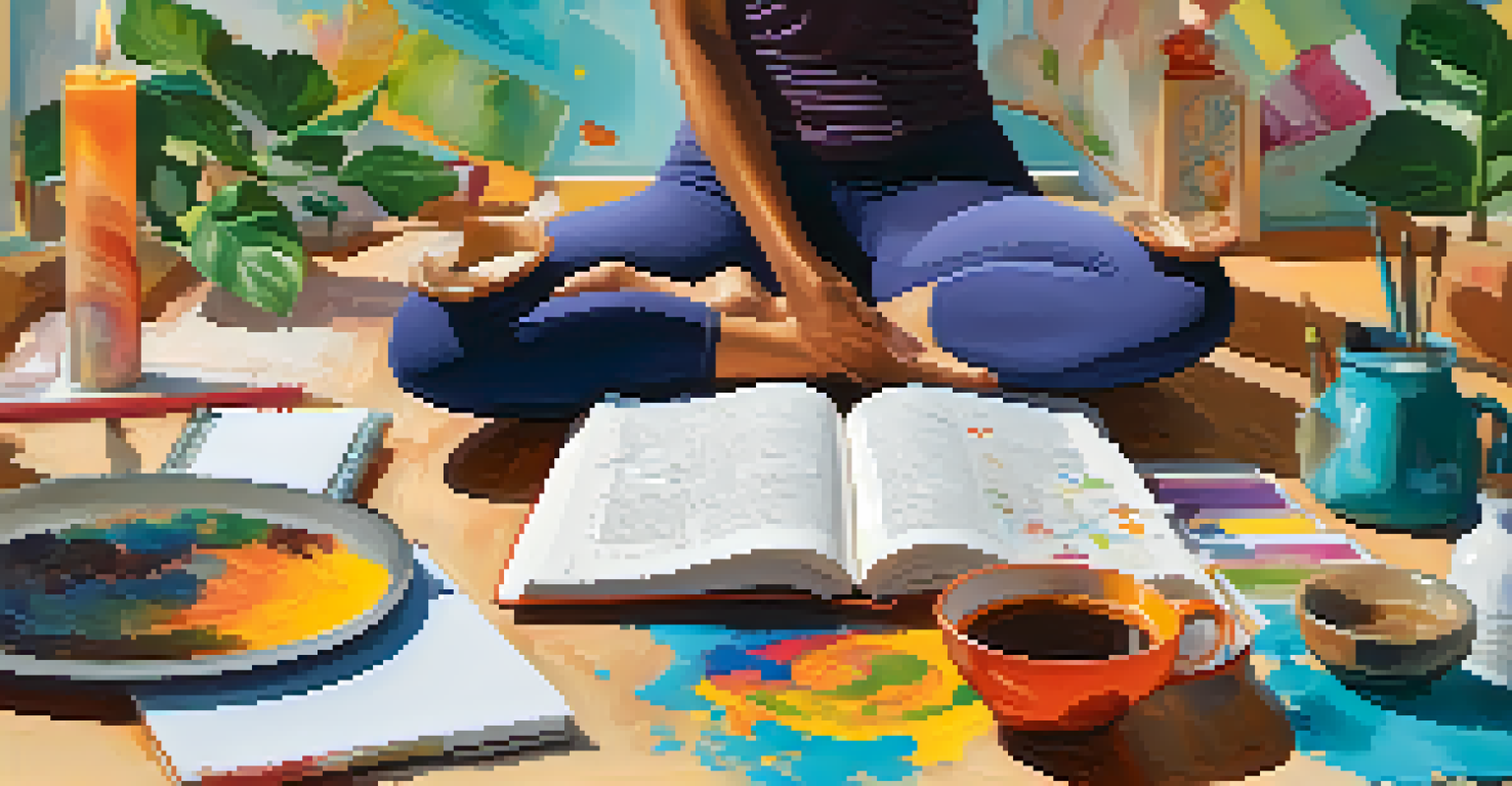 A collage of self-care activities: yoga, journaling, and painting, each in bright and joyful settings.