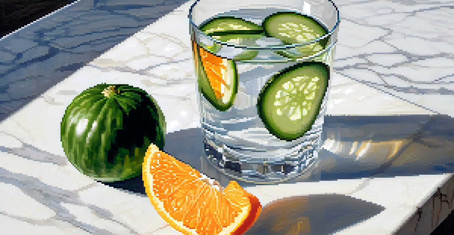 A glass of water with cucumber and orange slices on a light marble countertop, illuminated by sunlight, creating a refreshing look.