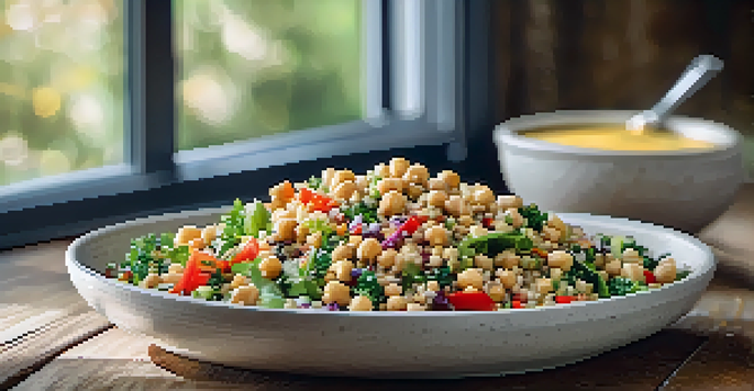 A colorful quinoa salad with mixed greens, chickpeas, and a lemon-tahini dressing on a wooden table.