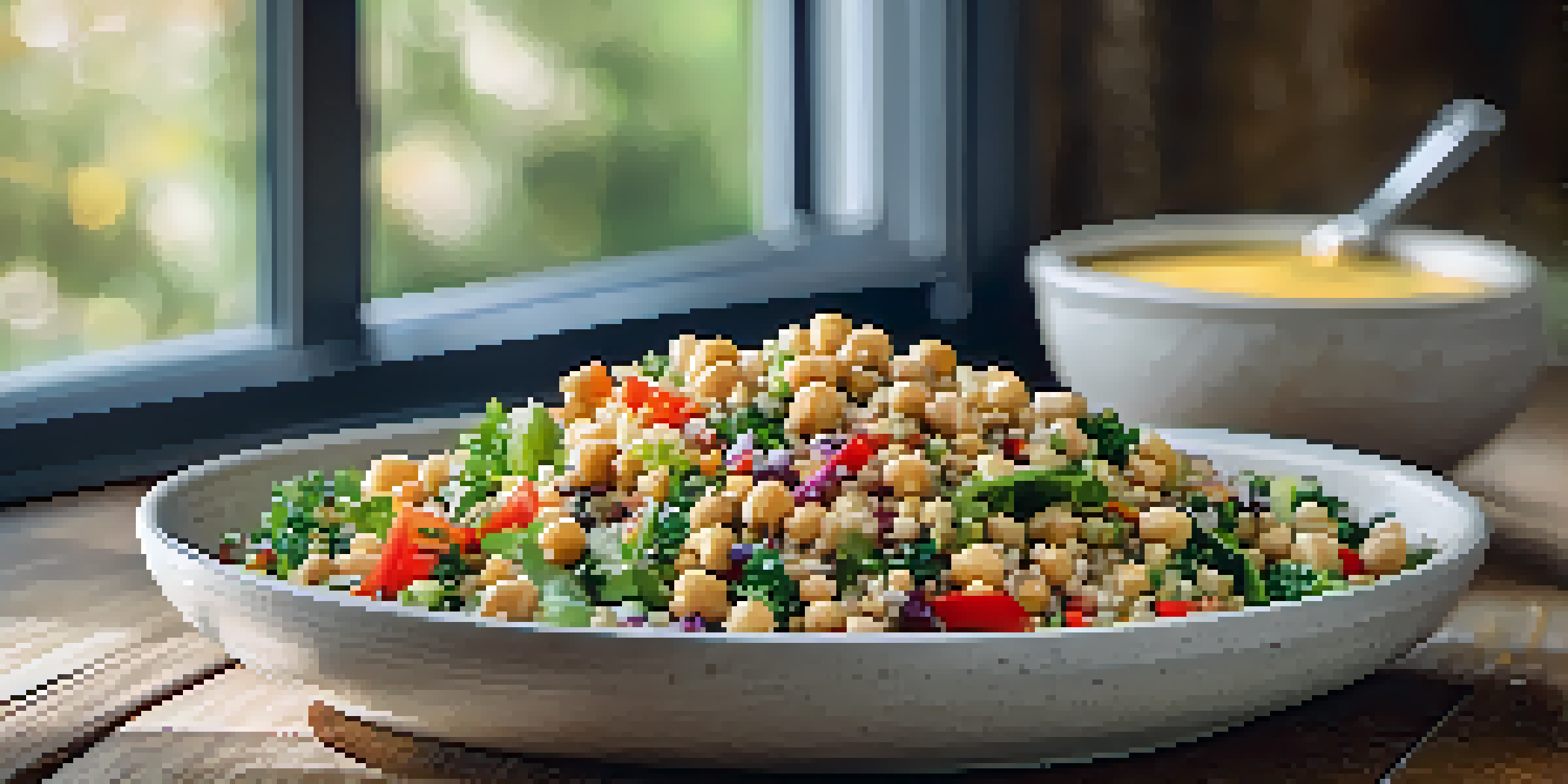A colorful quinoa salad with mixed greens, chickpeas, and a lemon-tahini dressing on a wooden table.