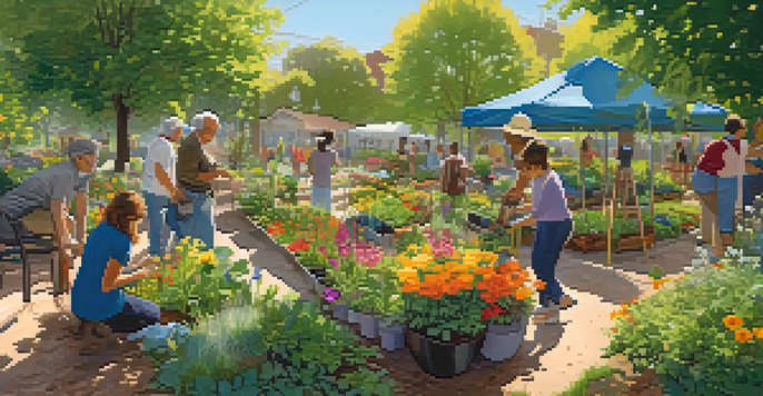 A diverse group of people working together in a vibrant community garden, surrounded by colorful flowers and green plants under sunlight.