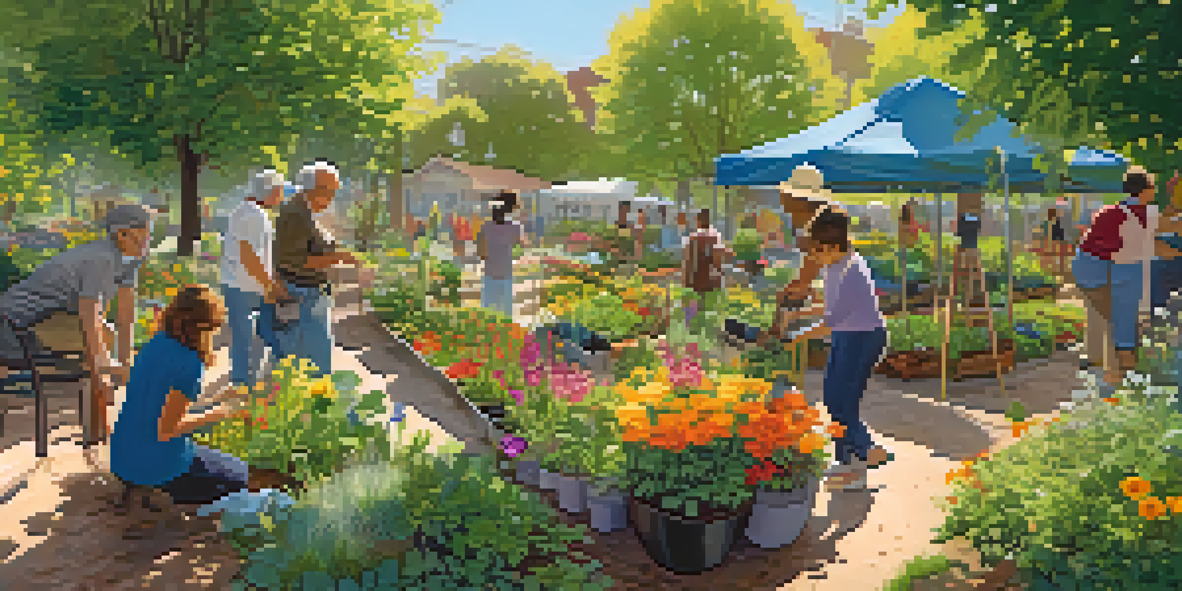 A diverse group of people working together in a vibrant community garden, surrounded by colorful flowers and green plants under sunlight.