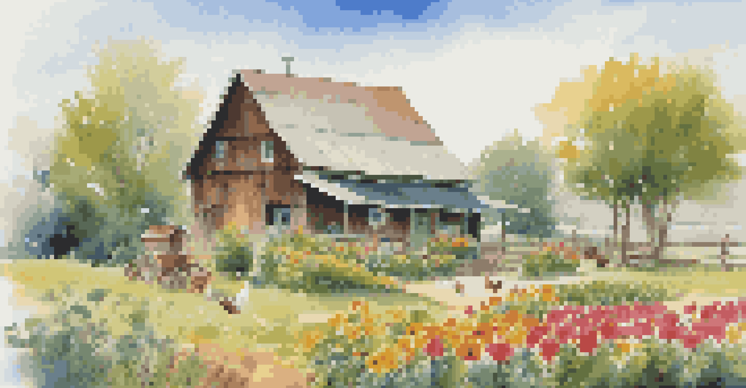 A rustic wooden cabin on a farm, surrounded by organic crops and colorful flowers under a clear blue sky.