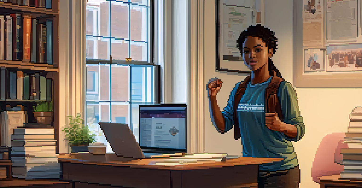 A young adult in a home office raising a fist in a gesture of self-advocacy, surrounded by medical books and motivational posters.