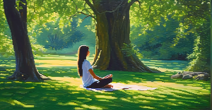 A person meditating on grass surrounded by flowers and trees, with sunlight filtering through the leaves.