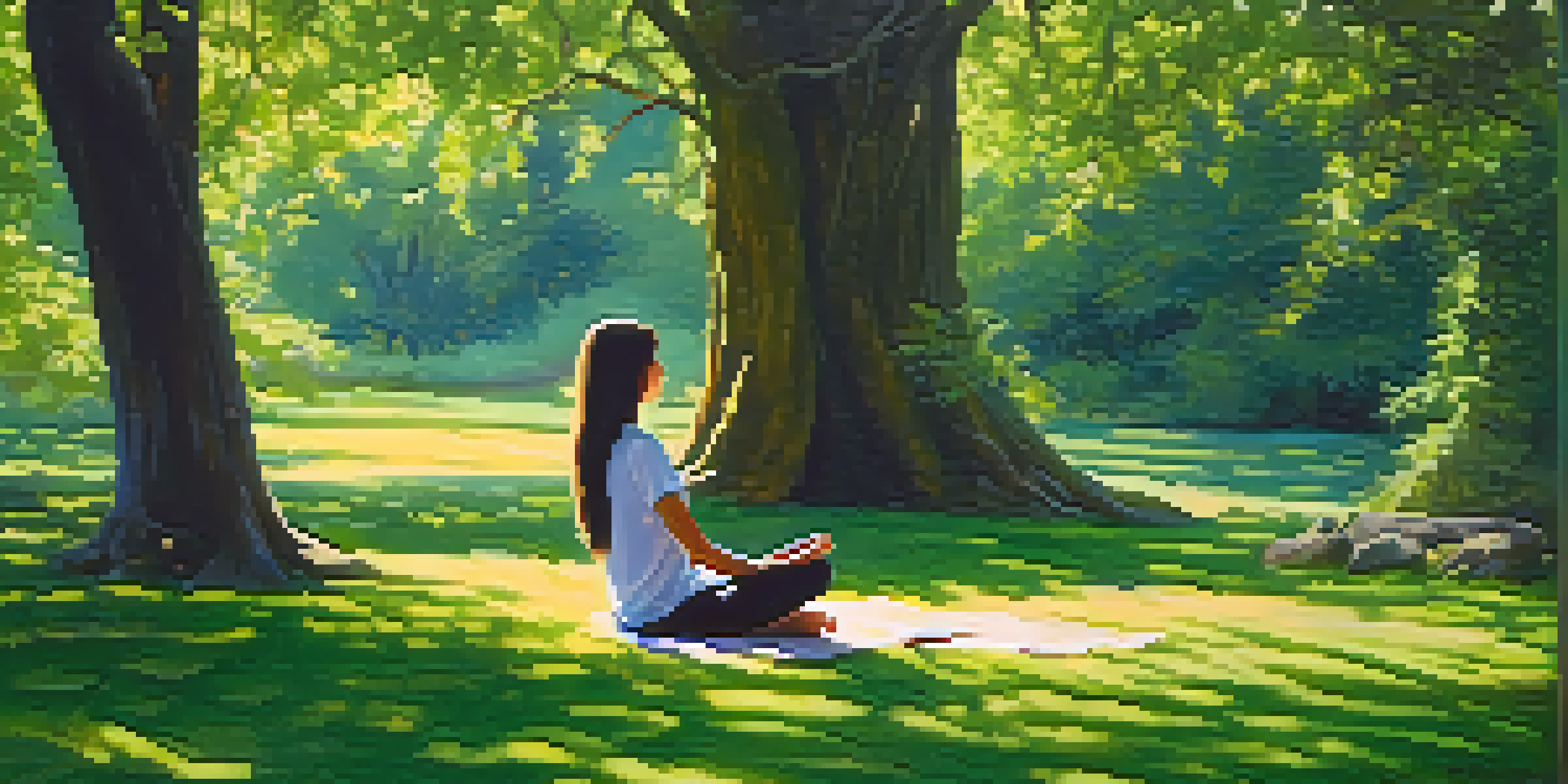 A person meditating on grass surrounded by flowers and trees, with sunlight filtering through the leaves.