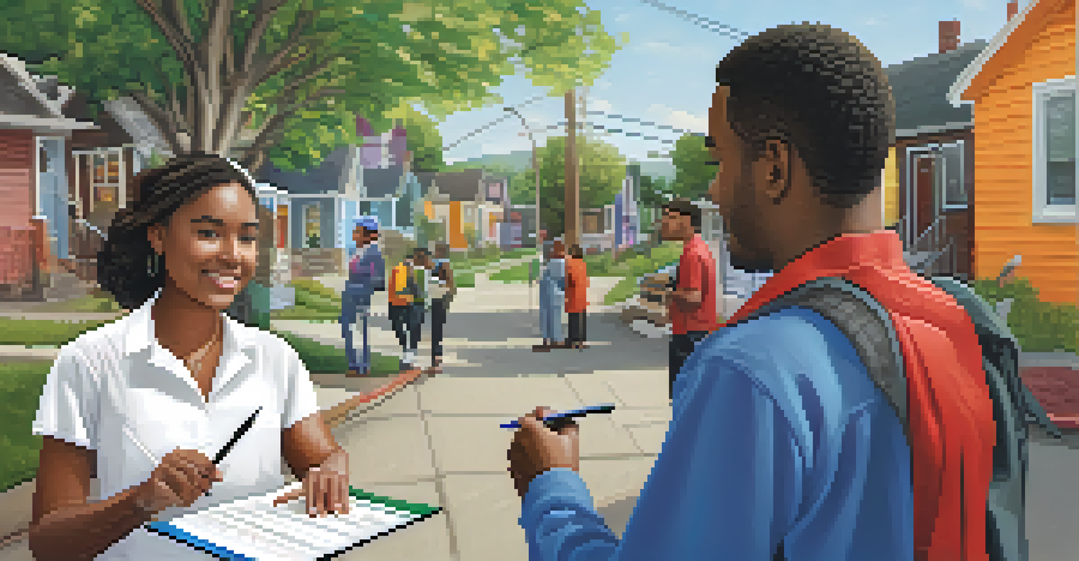 A health worker conducting a survey in a neighborhood, engaging with residents amidst colorful houses and greenery.