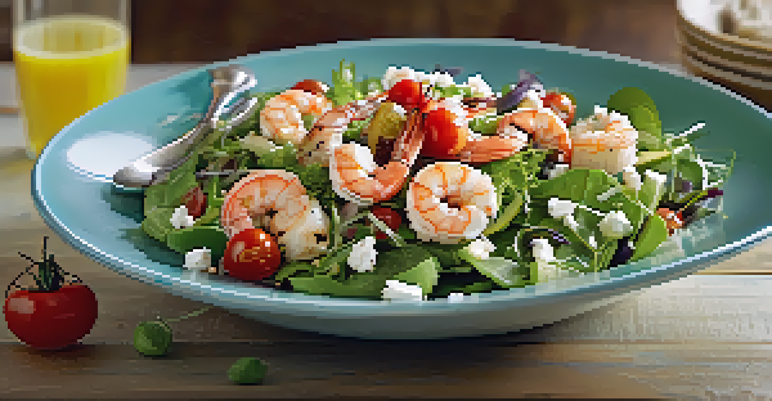 A colorful seafood salad with mixed greens, grilled shrimp, cherry tomatoes, cucumbers, and feta cheese, drizzled with olive oil and lemon juice.
