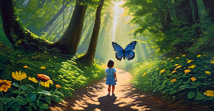 A child exploring a forest path, surrounded by greenery and sunlight, observing a butterfly.