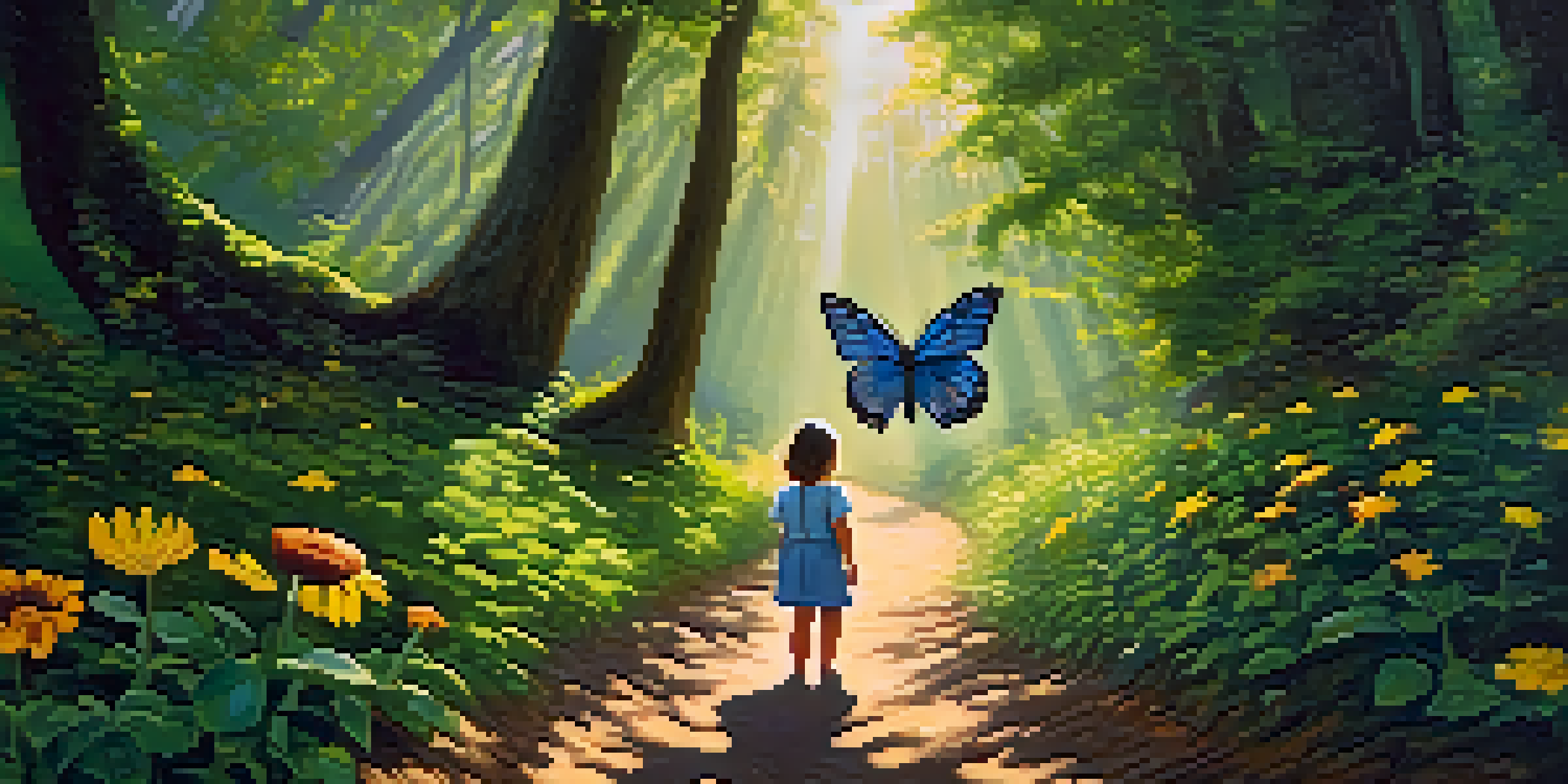 A child exploring a forest path, surrounded by greenery and sunlight, observing a butterfly.