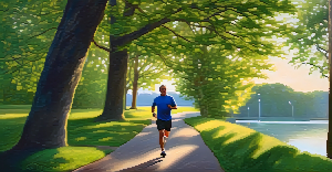 A middle-aged man jogging in a park at sunrise, surrounded by greenery and flowers.