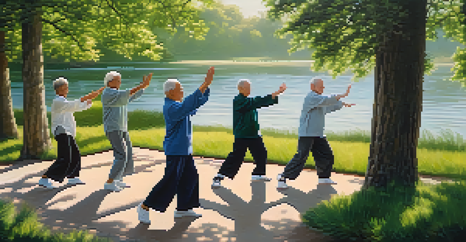 A group of seniors practicing tai chi outdoors by a calm lake, surrounded by trees and soft sunlight.