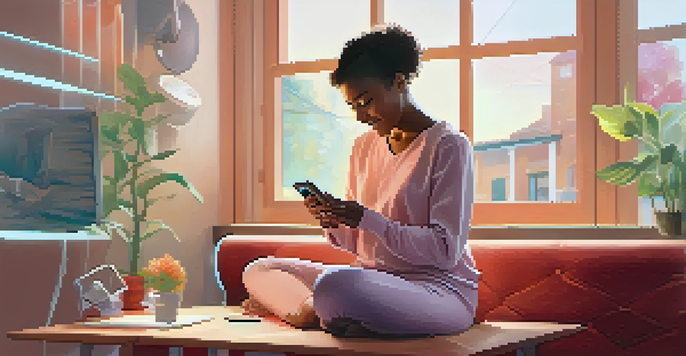 A happy individual at home using a smartphone for health tracking, surrounded by health devices in a softly lit room.