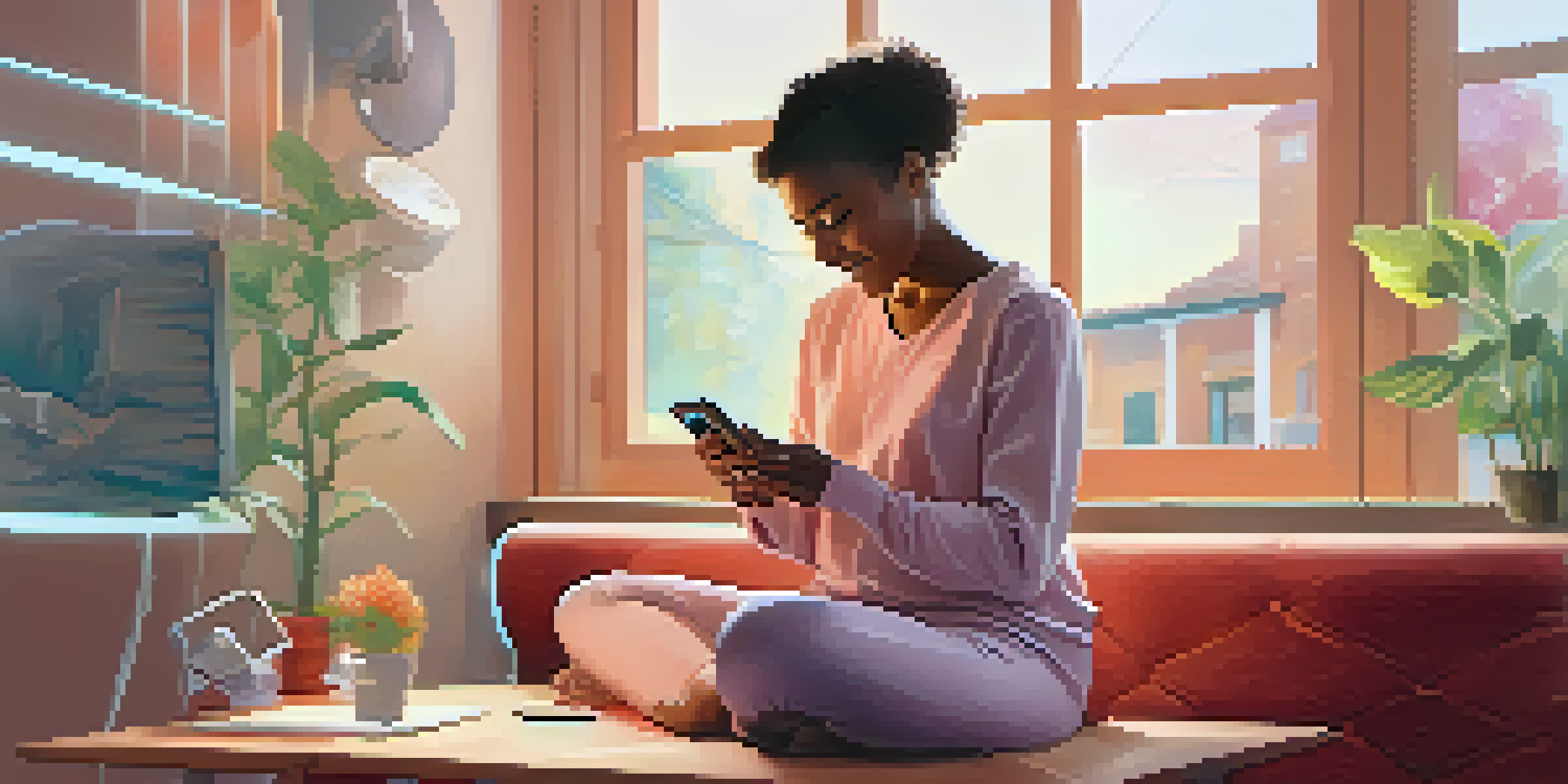A happy individual at home using a smartphone for health tracking, surrounded by health devices in a softly lit room.