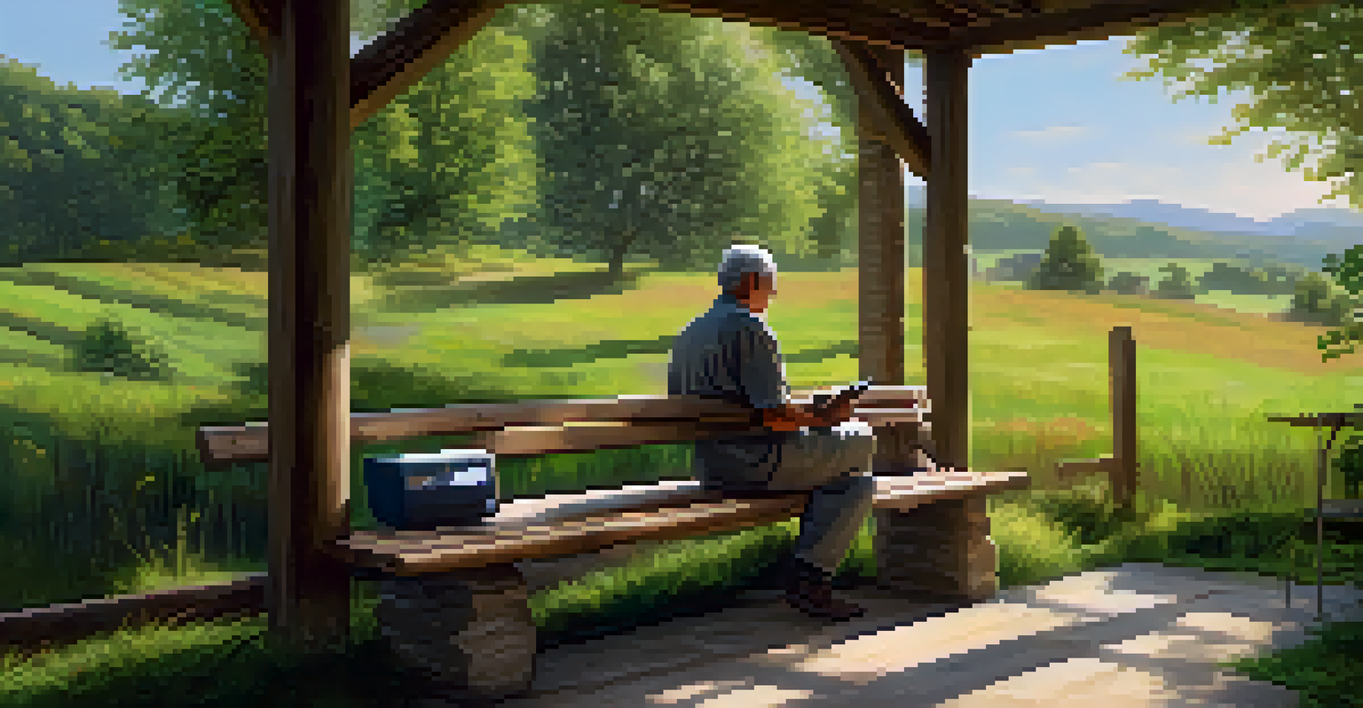 A patient sitting on a bench in a rural area using a smartphone for a telehealth consultation, with greenery and a farmhouse in the background.