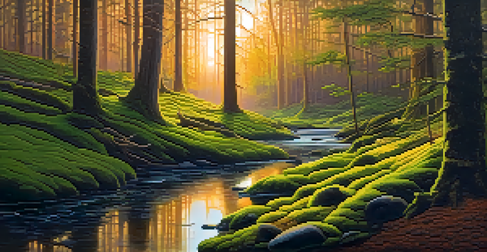 A tranquil forest with sunlight shining through trees, a stream in the foreground, and birds on branches.