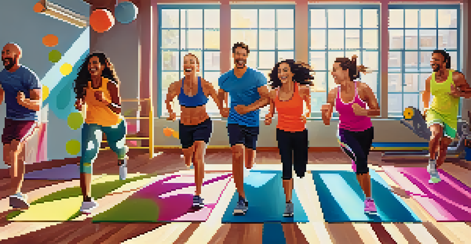 A group of friends laughing while exercising together in a bright gym filled with colorful fitness equipment, with sunlight streaming through windows.