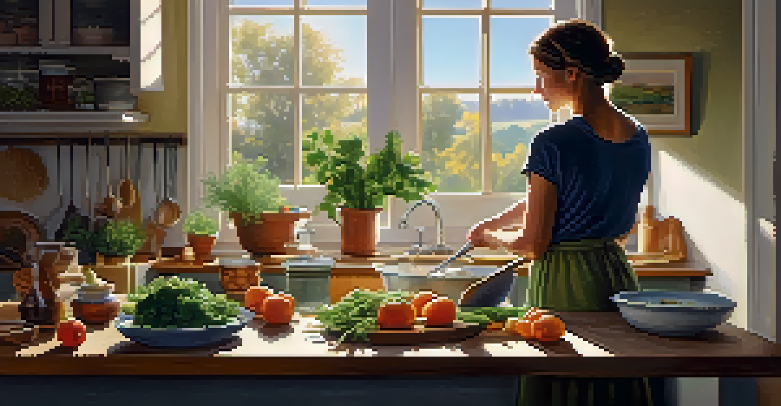 A person preparing a healthy meal in a kitchen, chopping vegetables and mixing ingredients in a bowl with sunlight streaming through a window.