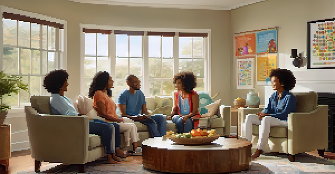 A family of four sitting in a circle in a cozy room, sharing affirmations with smiles on their faces. Sunlight filters through a window, and a colorful poster with positive affirmations is visible on the wall.