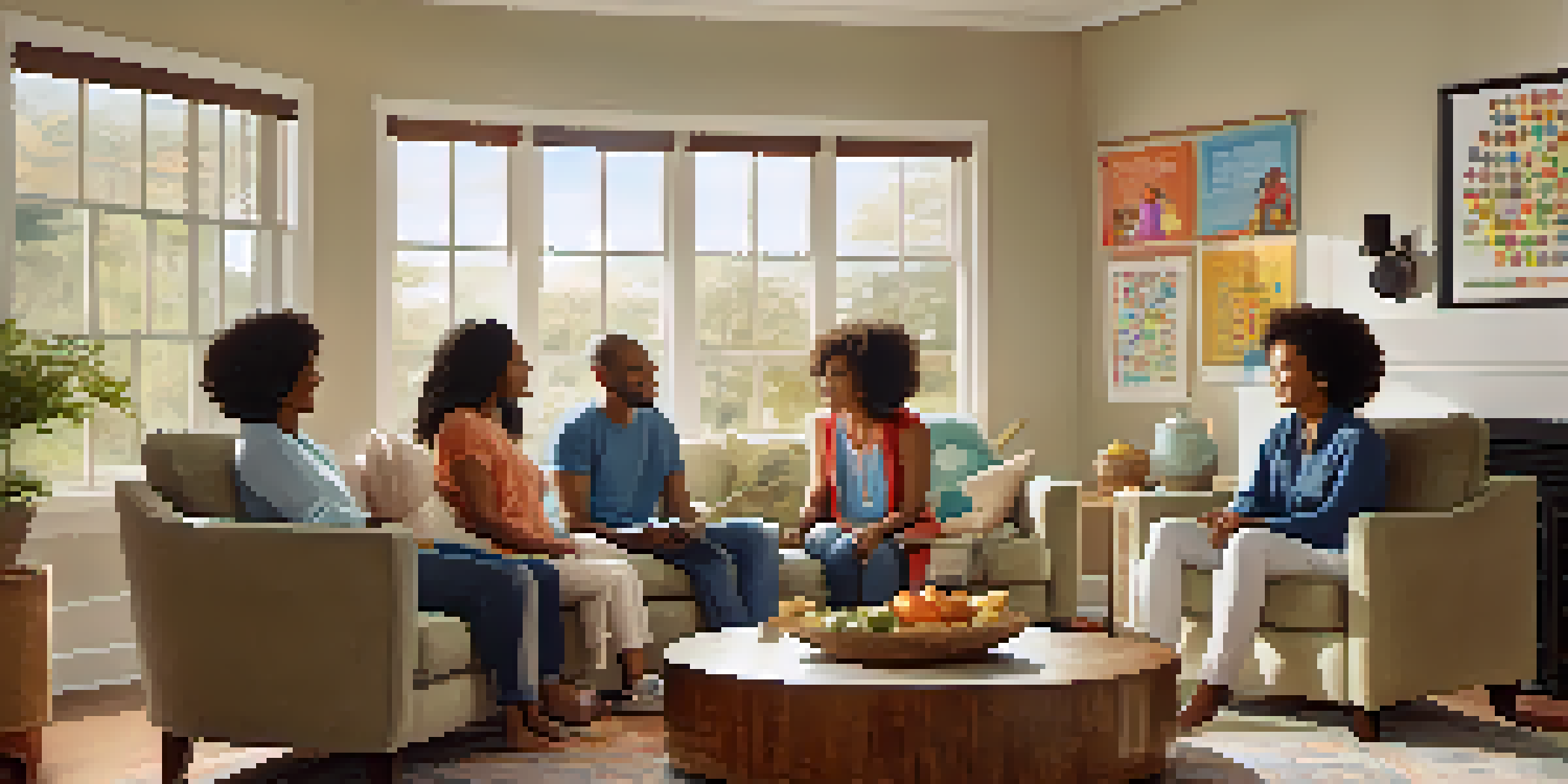A family of four sitting in a circle in a cozy room, sharing affirmations with smiles on their faces. Sunlight filters through a window, and a colorful poster with positive affirmations is visible on the wall.
