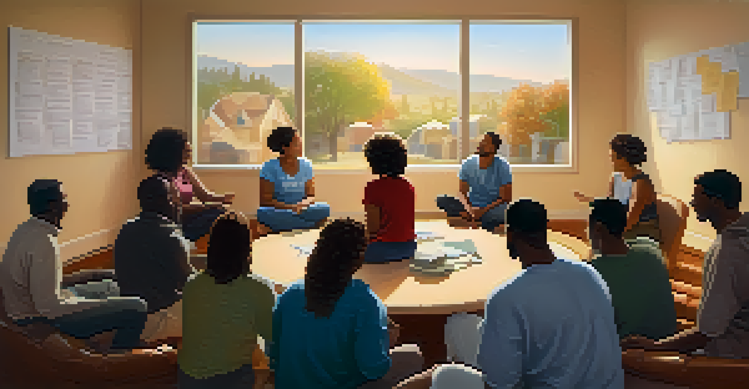 A group of individuals seated in a circle in a cozy setting, engaging in a supportive community discussion with warm lighting.