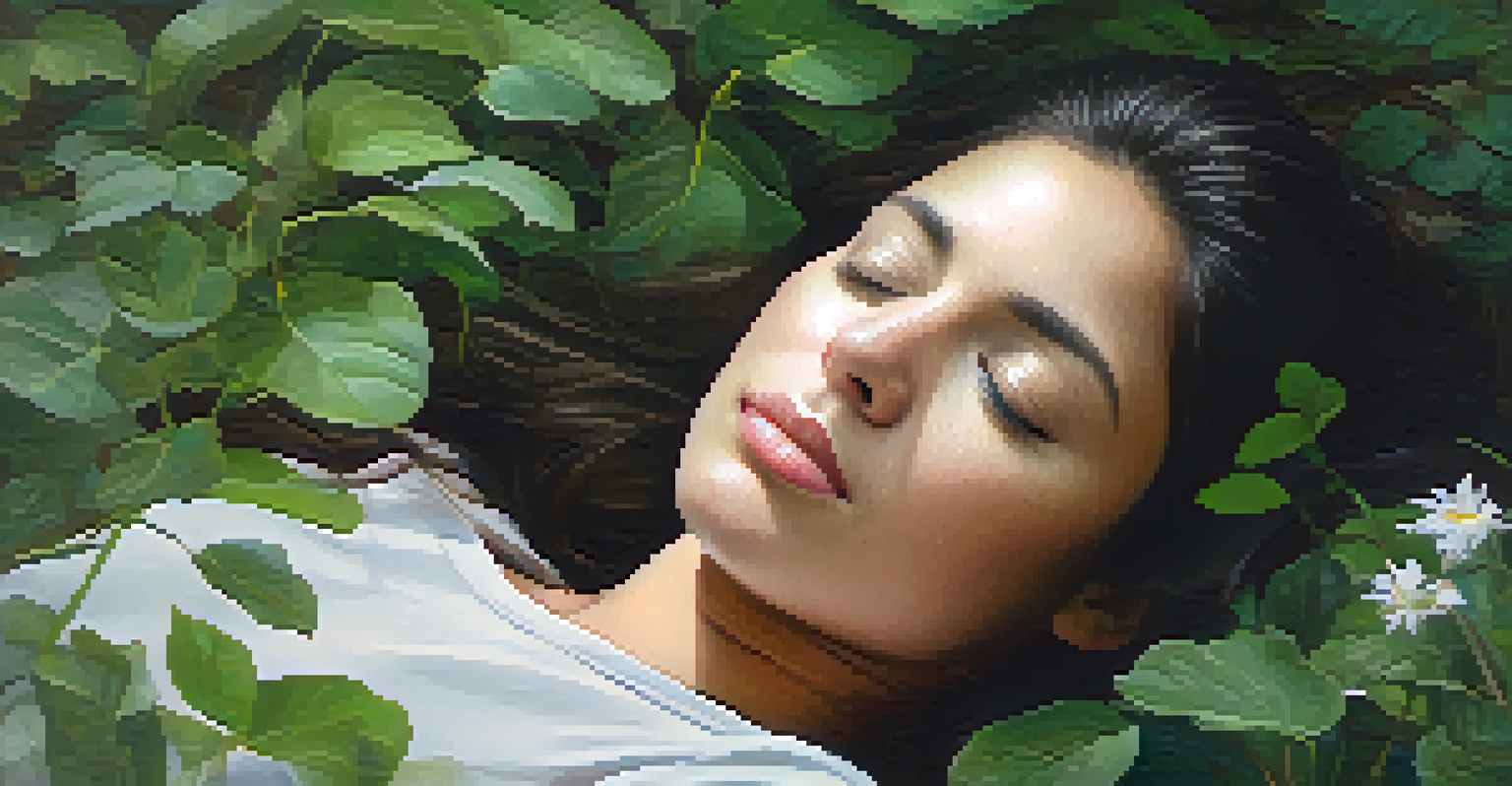 A close-up of a serene face with closed eyes, practicing mindful breathing, with a blurred natural background.