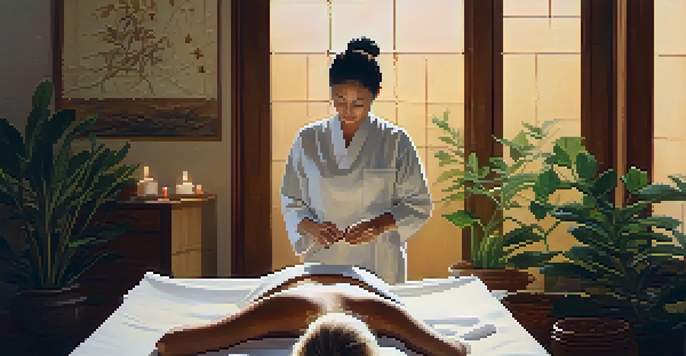A peaceful acupuncture session with a patient lying on a treatment table, needles gently inserted into their back, and a calming room ambiance.