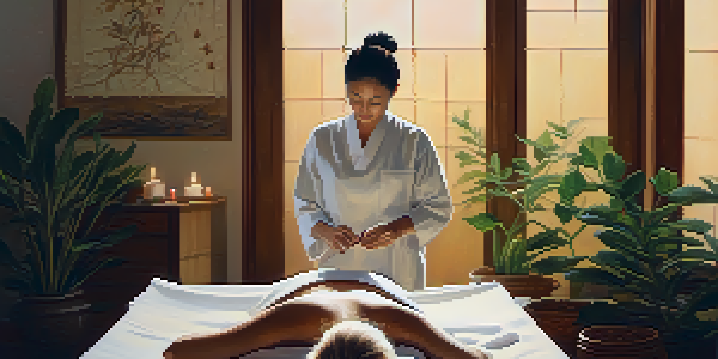 A peaceful acupuncture session with a patient lying on a treatment table, needles gently inserted into their back, and a calming room ambiance.