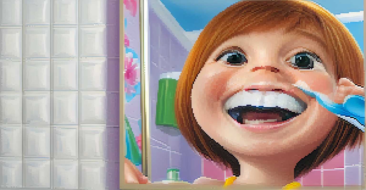 A close-up of a person happily brushing their teeth in front of a mirror.