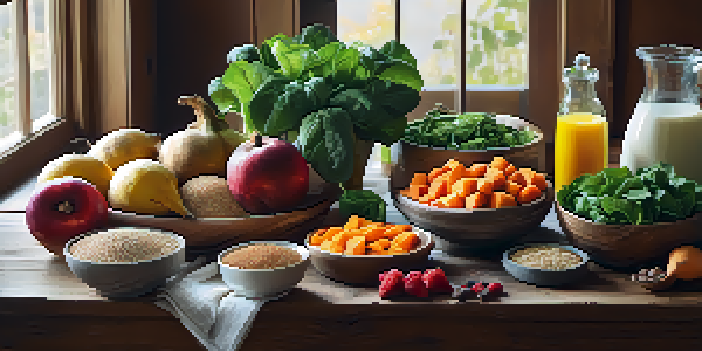 A colorful arrangement of heart-healthy foods including fruits, vegetables, and whole grains on a wooden table, illuminated by natural sunlight.
