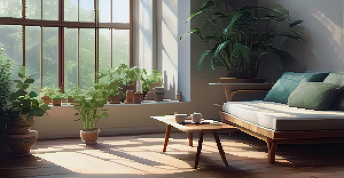 A tranquil meditation space with a cushion, plants, and a cup of herbal tea, illuminated by soft natural light.