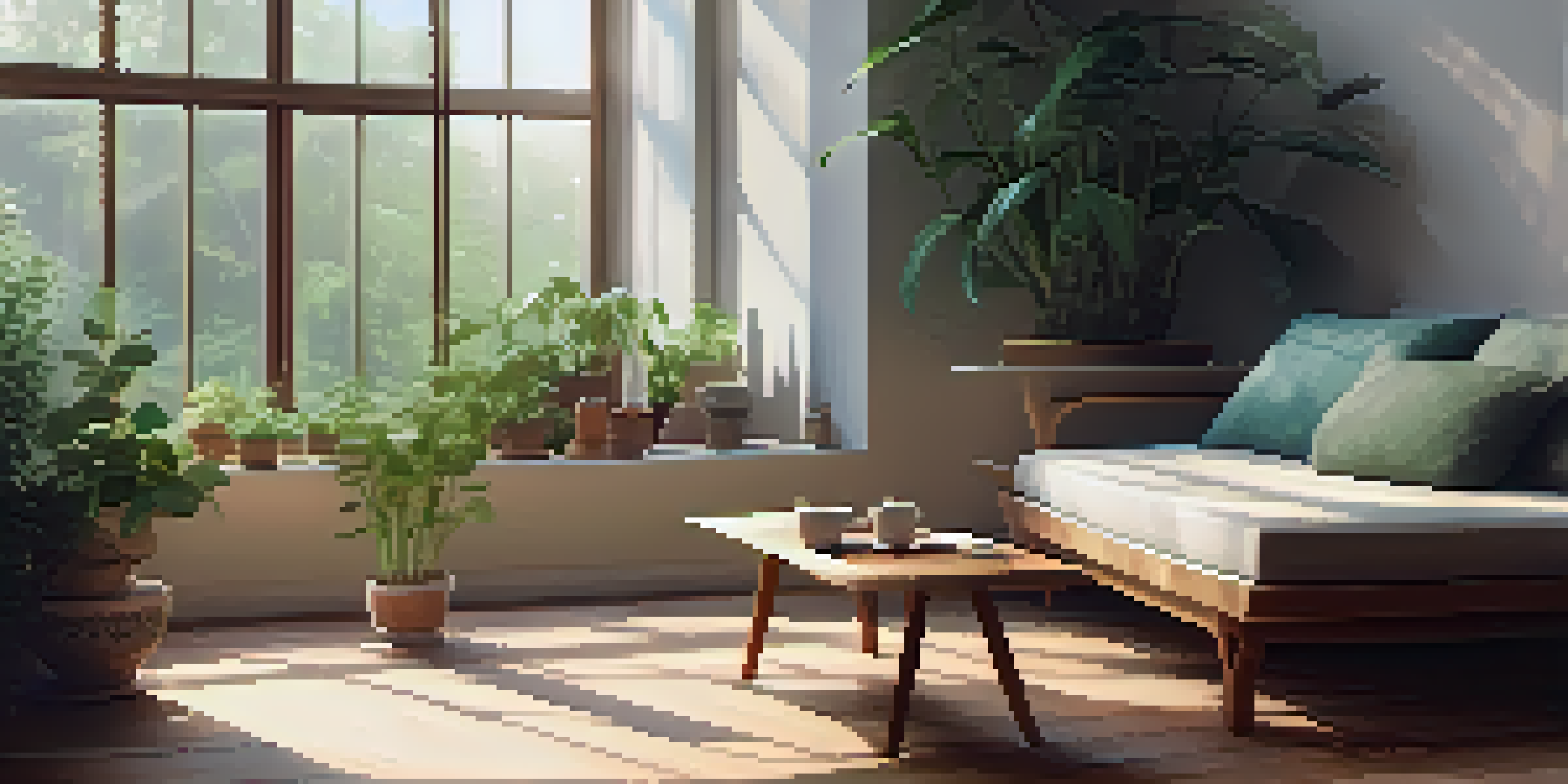 A tranquil meditation space with a cushion, plants, and a cup of herbal tea, illuminated by soft natural light.