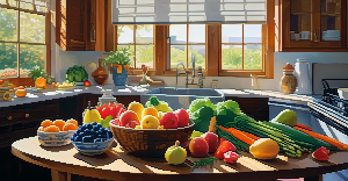 A bright kitchen with a wooden table displaying fresh fruits, vegetables, and grilled chicken, illuminated by sunlight.