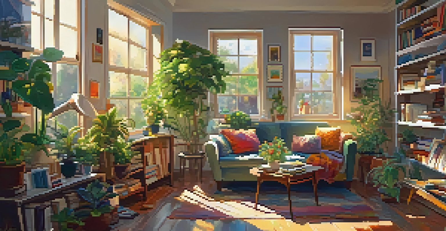 A person painting in a cozy living room filled with plants and art supplies, illuminated by sunlight.