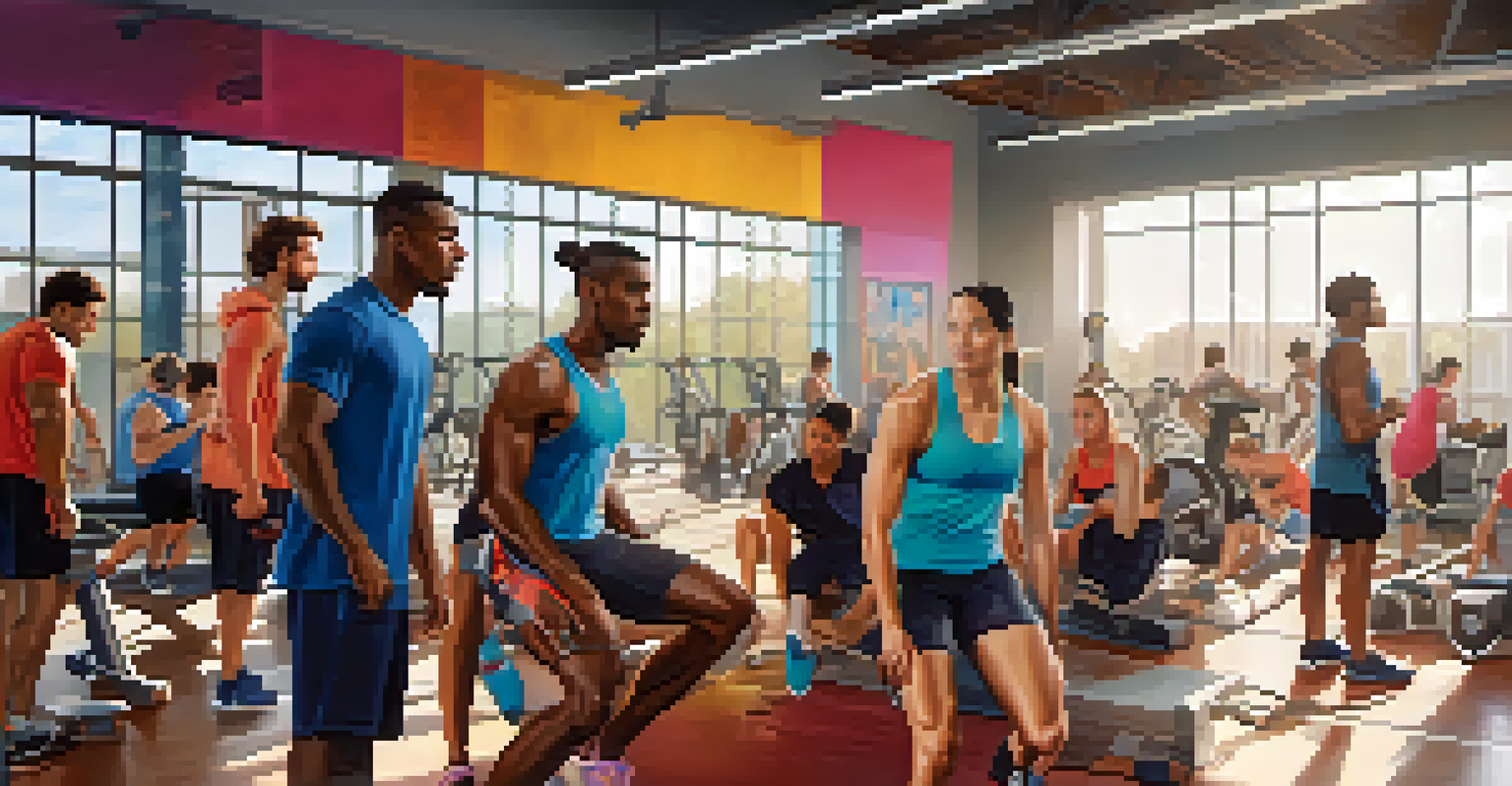 An athlete recovering from injury, encouraged by teammates in a modern gym setting.