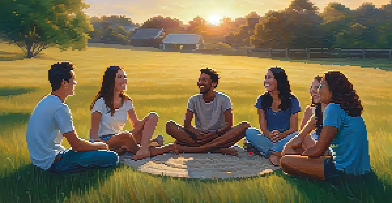 A group of friends sitting in a circle outdoors, sharing gratitude during sunset.