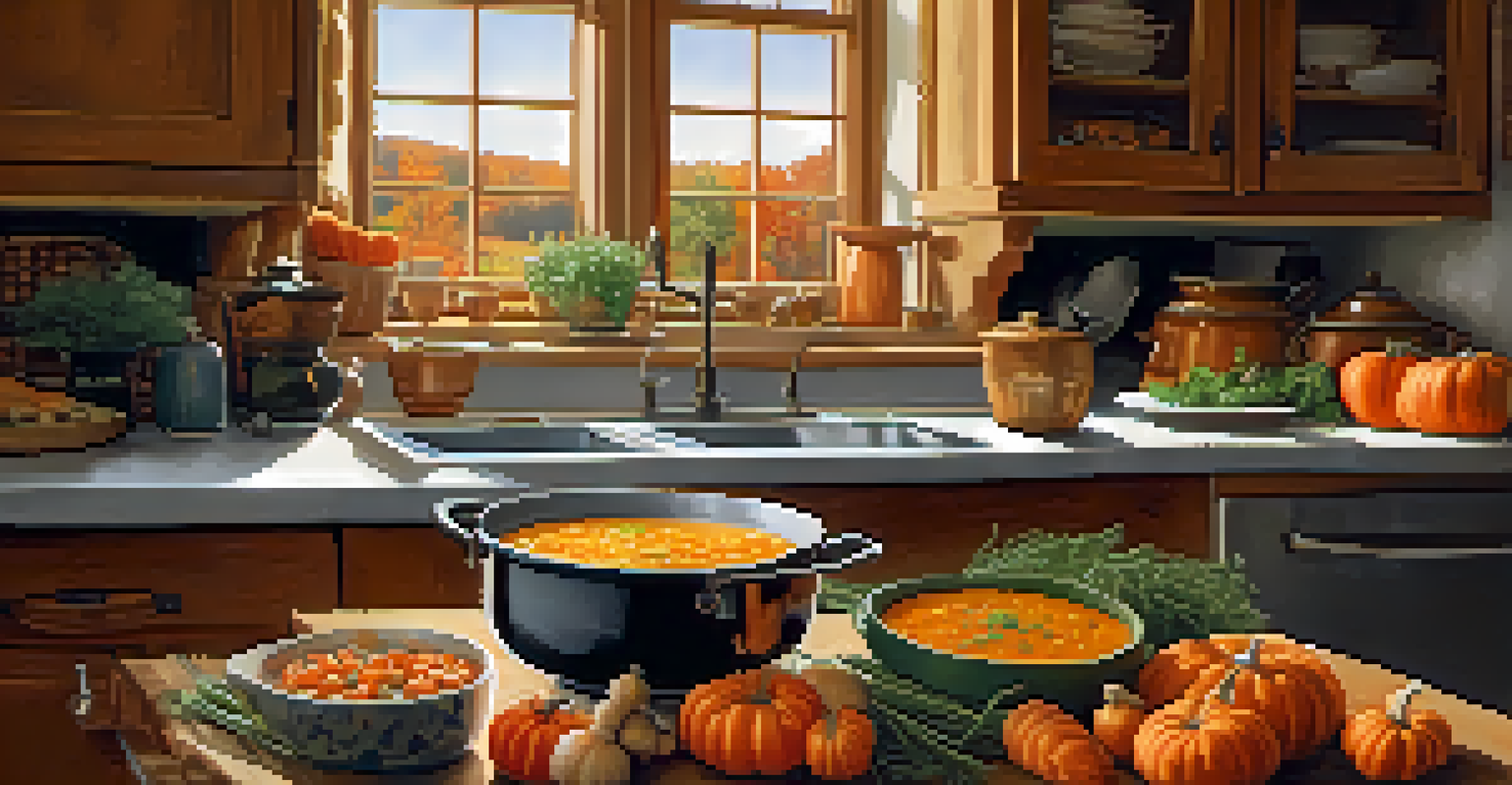 A warm kitchen with a person cooking autumn soup using fresh seasonal ingredients like squash and carrots.
