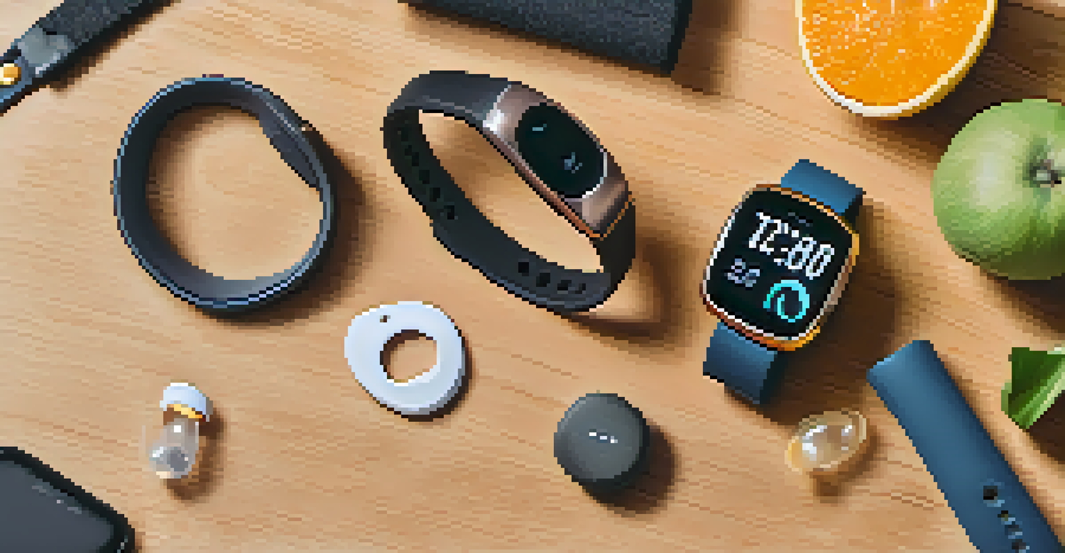 A flat lay of wearable health devices on a wooden table, surrounded by healthy lifestyle items like a water bottle and fruits.