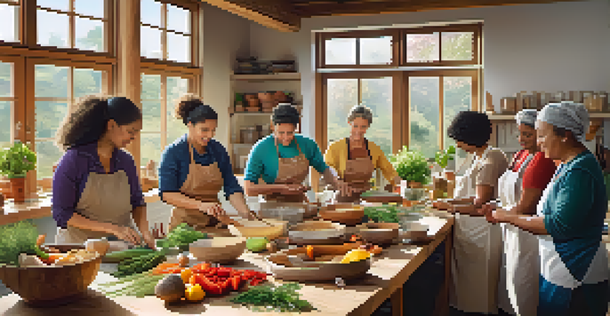 A lively cooking workshop featuring diverse participants working together at a large table, surrounded by fresh ingredients and a bright kitchen environment.