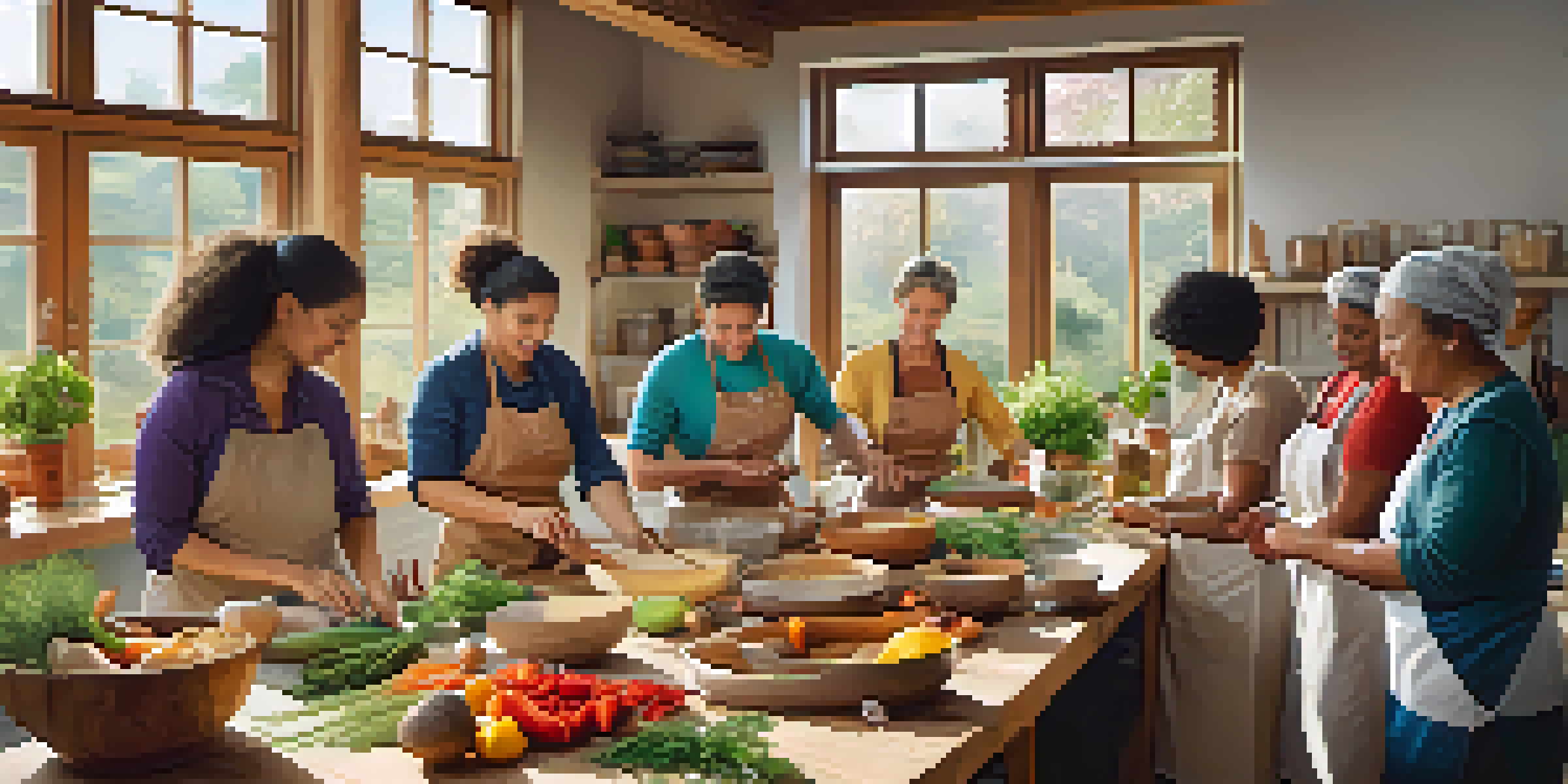 A lively cooking workshop featuring diverse participants working together at a large table, surrounded by fresh ingredients and a bright kitchen environment.