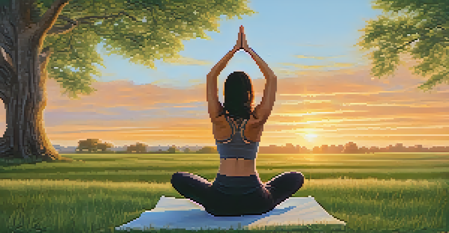 A peaceful outdoor yoga practice at sunset with warm colors and a person in a meditative pose on grassy terrain.