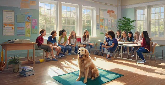 Students interacting with a therapy dog in a bright and welcoming classroom, creating a sense of calm and connection.