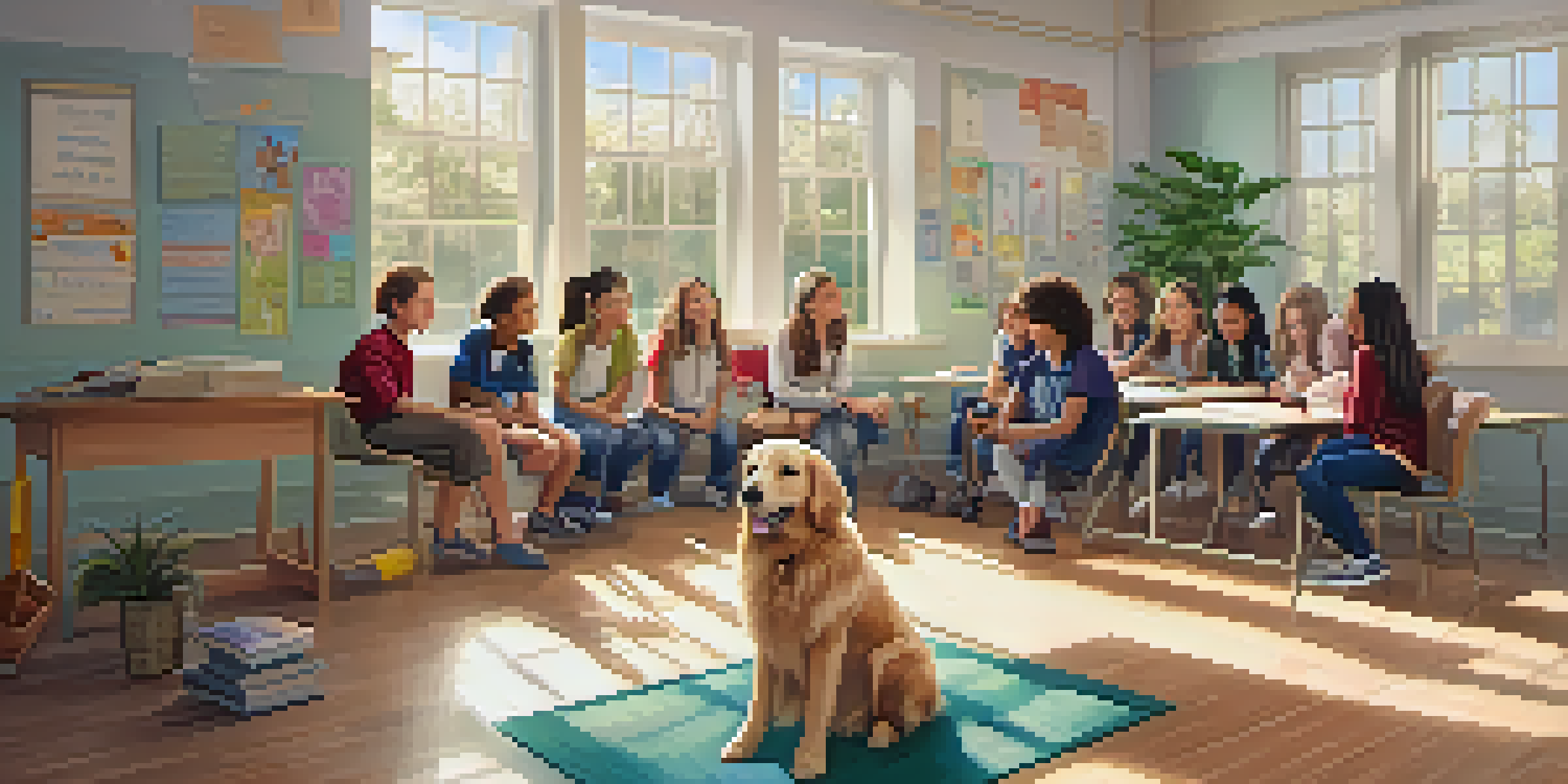 Students interacting with a therapy dog in a bright and welcoming classroom, creating a sense of calm and connection.
