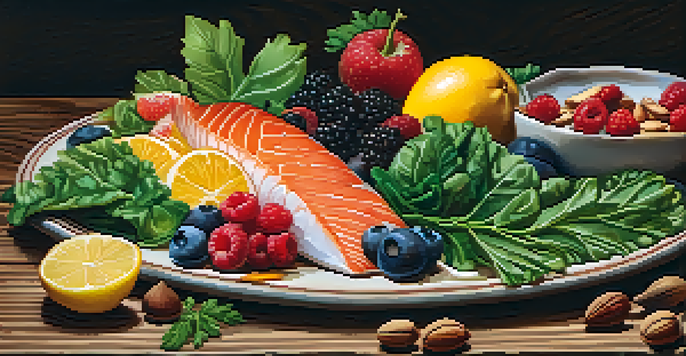 A plate filled with fatty fish, leafy greens, nuts, and berries, showcasing vibrant colors and textures on a rustic wooden table.